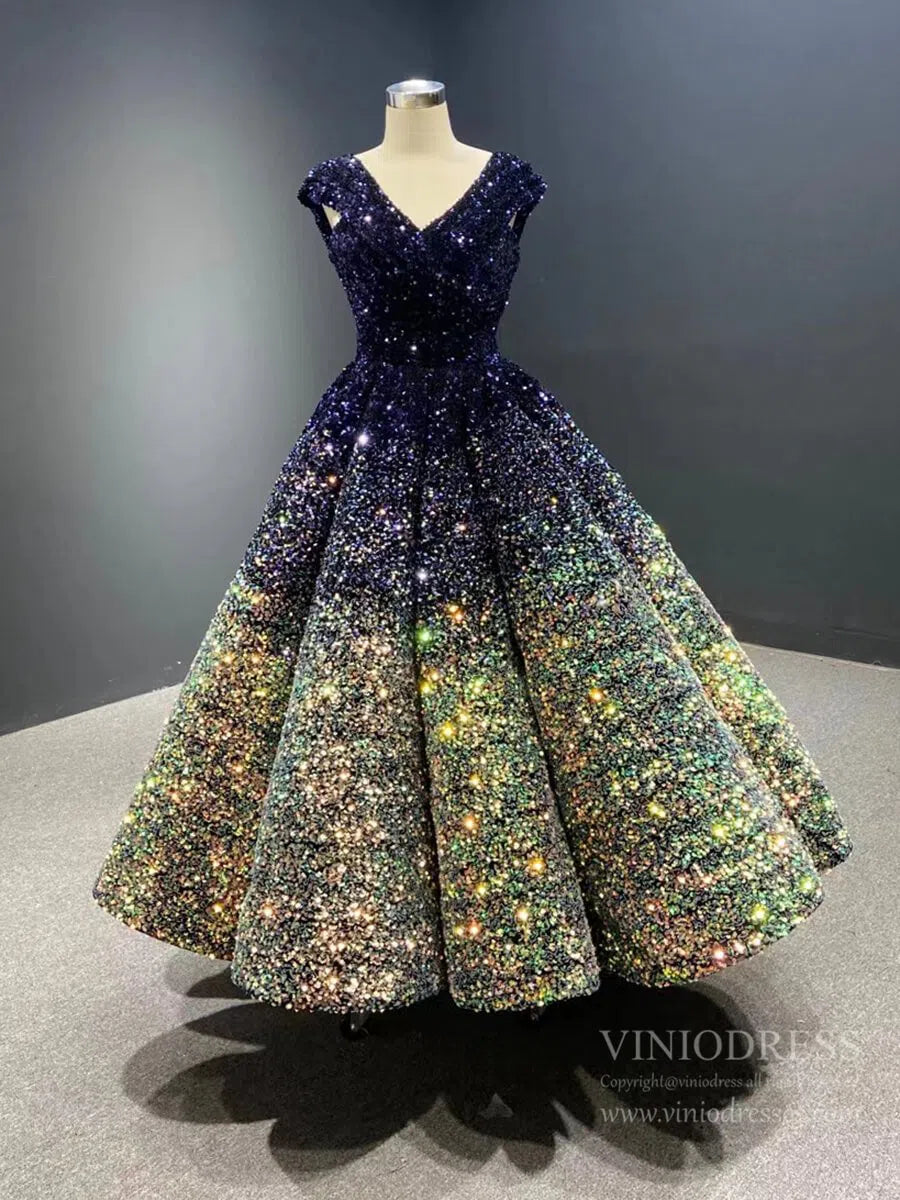 Midi Prom Dresses Shiny Cocktail Dress 66991 V-Neck-prom dresses 2025 -Viniodress-Blue Gold-Custom Size-