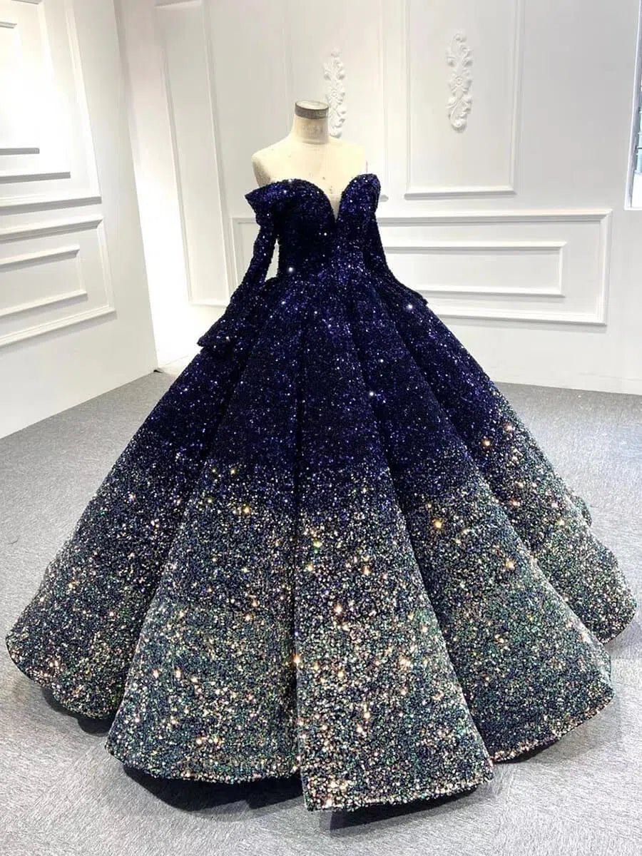 Midnight Ombre Glitter Ball Gown | Sequin Quinceañera & Debutante Dress with Long Sleeves 66991-Quinceanera Dresses 2025 -Viniodress-Gold-Custom Size-
