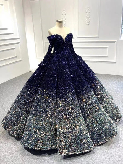 Midnight Ombre Glitter Ball Gown | Sequin Quinceañera & Debutante Dress with Long Sleeves 66991-Quinceanera Dresses 2025 -Viniodress-Gold-Custom Size-
