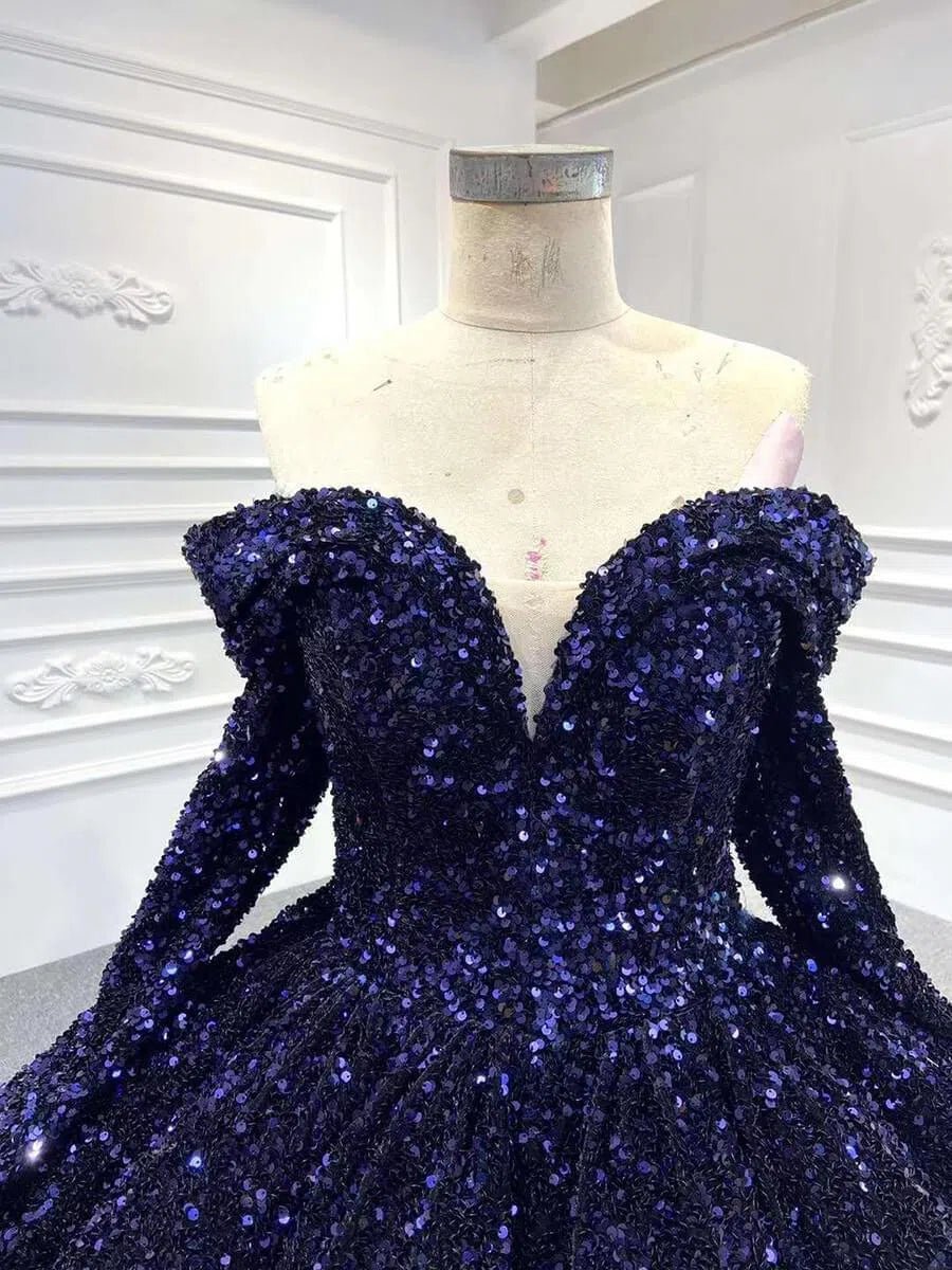 Midnight Ombre Glitter Ball Gown | Sequin Quinceañera & Debutante Dress with Long Sleeves 66991-Quinceanera Dresses 2025 -Viniodress-Gold-Custom Size-
