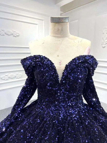Midnight Ombre Glitter Ball Gown | Sequin Quinceañera & Debutante Dress with Long Sleeves 66991-Quinceanera Dresses 2025 -Viniodress-Gold-Custom Size-