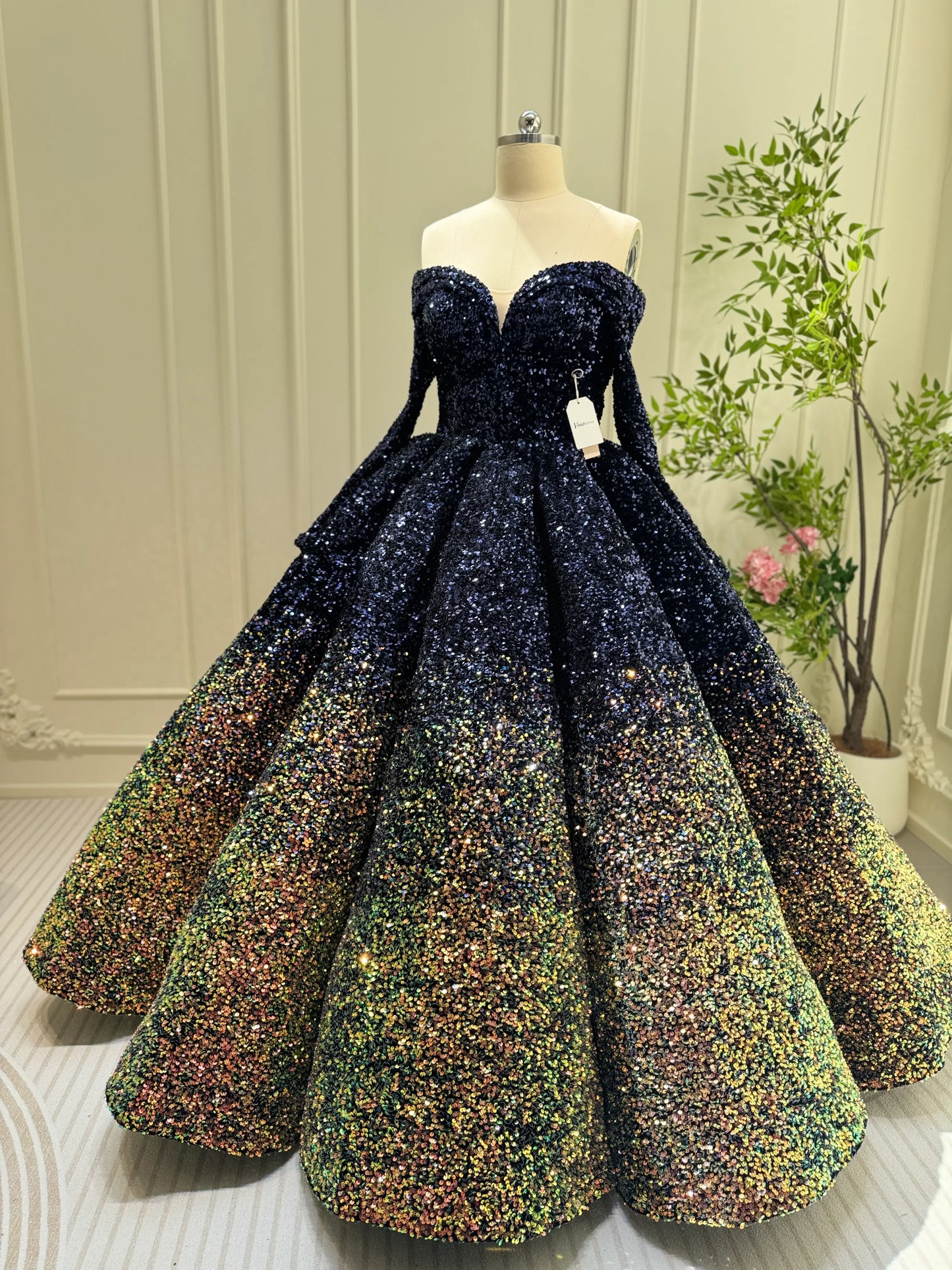 Midnight Ombre Glitter Ball Gown | Sequin Quinceañera & Debutante Dress with Long Sleeves 66991-Quinceanera Dresses 2025 -Viniodress-Gold-Custom Size-