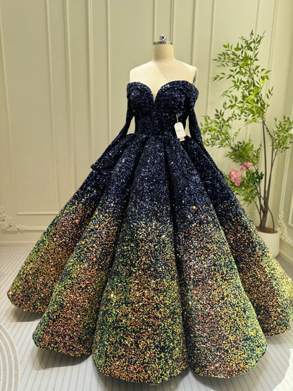 Midnight Ombre Glitter Ball Gown | Sequin Quinceañera & Debutante Dress with Long Sleeves 66991-Quinceanera Dresses 2025 -Viniodress-Gold-Custom Size-