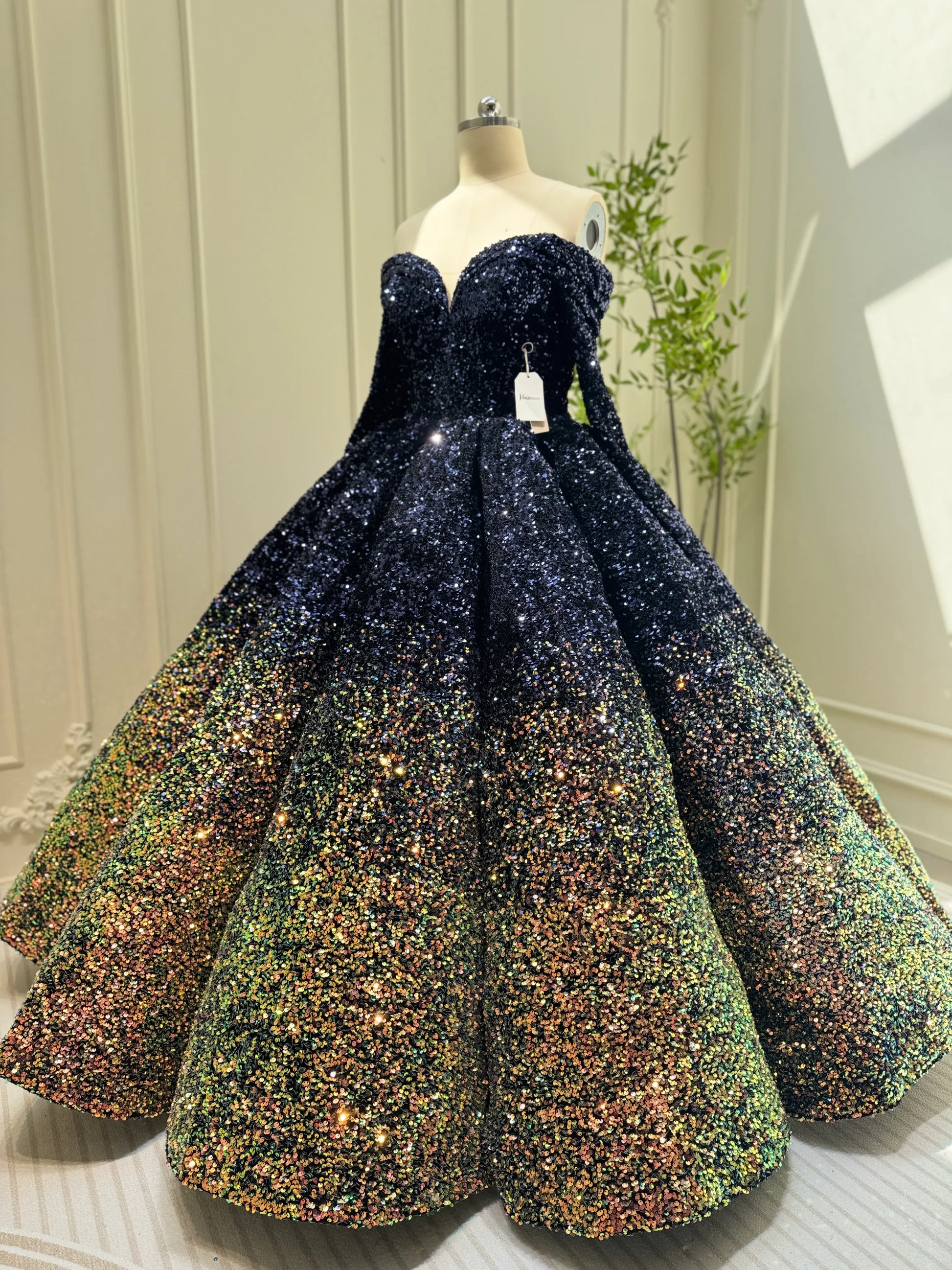 Midnight Ombre Glitter Ball Gown | Sequin Quinceañera & Debutante Dress with Long Sleeves 66991-Quinceanera Dresses 2025 -Viniodress-Gold-Custom Size-