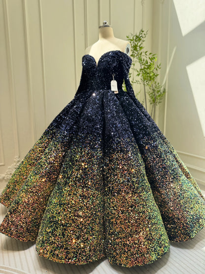 Midnight Ombre Glitter Ball Gown | Sequin Quinceañera & Debutante Dress with Long Sleeves 66991-Quinceanera Dresses 2025 -Viniodress-Gold-Custom Size-