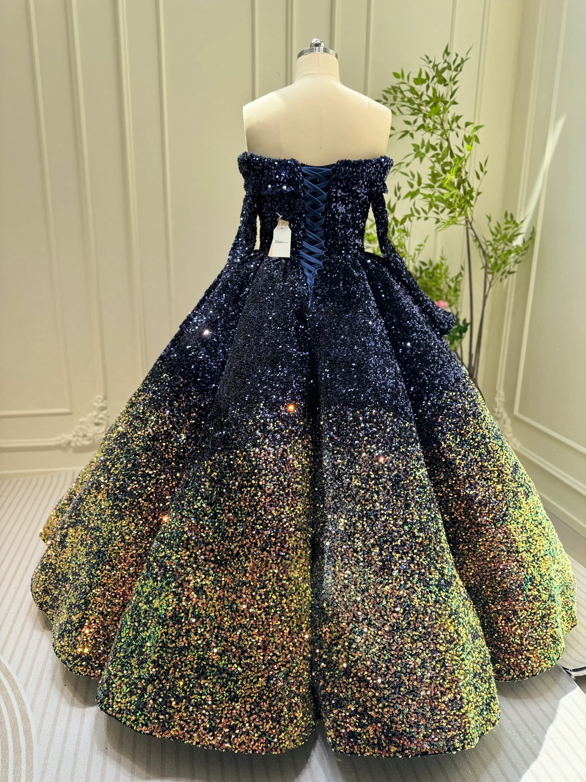 Midnight Ombre Glitter Ball Gown | Sequin Quinceañera & Debutante Dress with Long Sleeves 66991-Quinceanera Dresses 2025 -Viniodress-Gold-Custom Size-