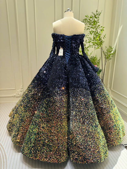 Midnight Ombre Glitter Ball Gown | Sequin Quinceañera & Debutante Dress with Long Sleeves 66991-Quinceanera Dresses 2025 -Viniodress-Gold-Custom Size-