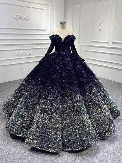 Midnight Ombre Glitter Ball Gown | Sequin Quinceañera & Debutante Dress with Long Sleeves 66991-Quinceanera Dresses 2025 -Viniodress-Gold-Custom Size-