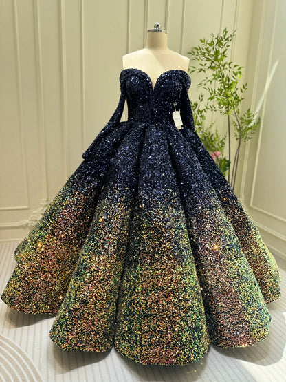 Midnight Ombre Glitter Ball Gown | Sequin Quinceañera & Debutante Dress with Long Sleeves 66991-Quinceanera Dresses 2025 -Viniodress-Gold-Custom Size-