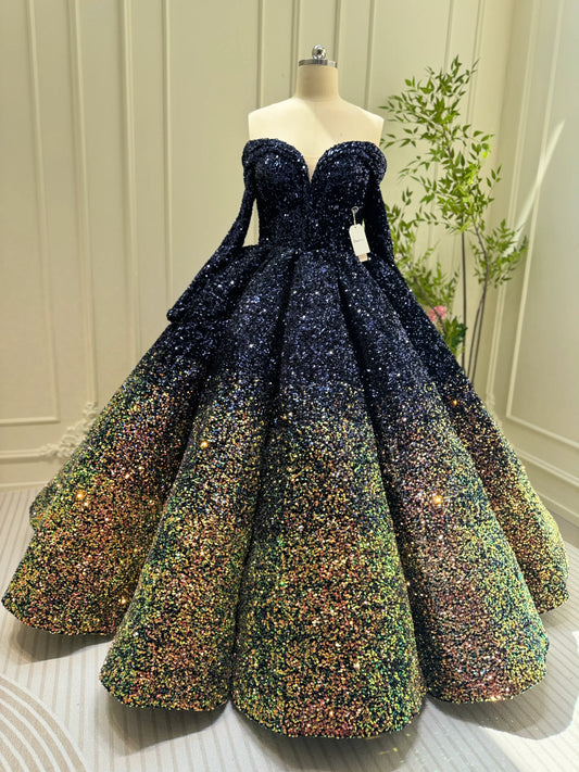 Midnight Ombre Glitter Ball Gown | Sequin Quinceañera & Debutante Dress with Long Sleeves 66991-Quinceanera Dresses 2025 -Viniodress-Gold-Custom Size-