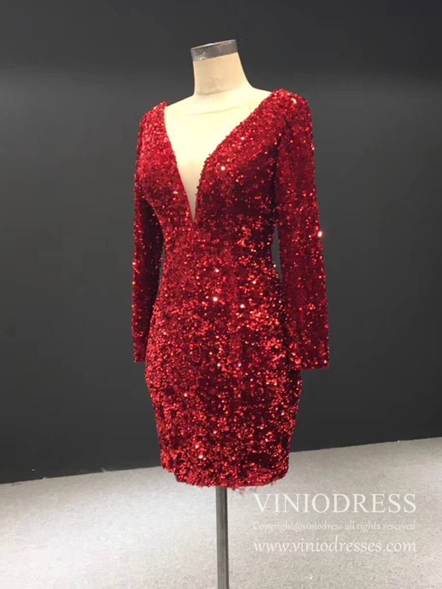 Prom Dress 2025 Mini Red Bodycon Cocktail Dress Long Sleeve Shimmering Party Dress FD1986B-unique prom dresses-Red-US 2-Viniodress