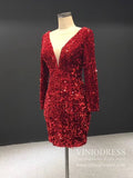 Prom Dress 2025 Mini Red Bodycon Cocktail Dress Long Sleeve Shimmering Party Dress FD1986B-unique prom dresses-Red-US 2-Viniodress