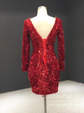 Prom Dress 2025 Mini Red Bodycon Cocktail Dress Long Sleeve Shimmering Party Dress FD1986B-unique prom dresses-Red-US 2-Viniodress