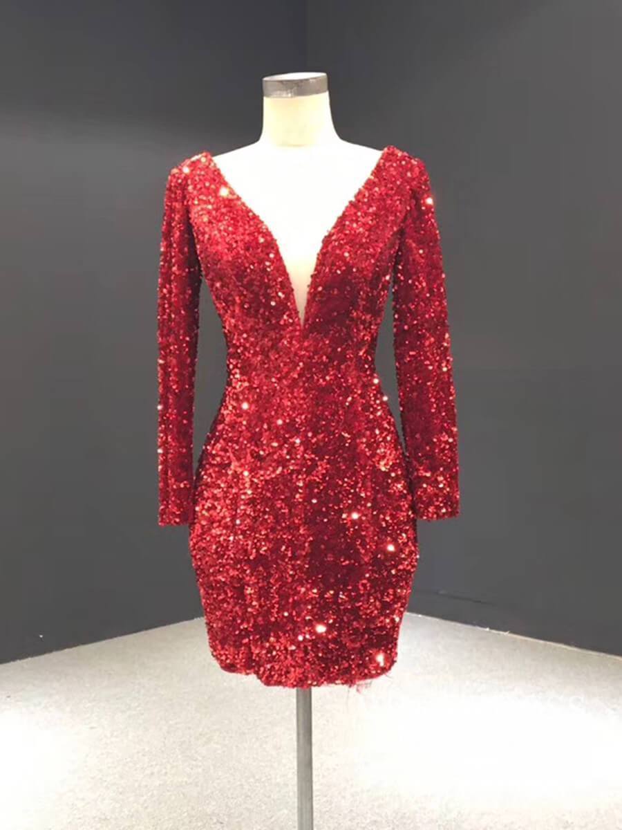 Prom Dress 2025 Mini Red Bodycon Cocktail Dress Long Sleeve Shimmering Party Dress FD1986B-unique prom dresses-Red-US 2-Viniodress