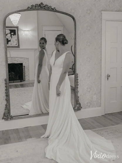 Minimalist A-Line Crepe Wedding Dress | Plunging V-Neck Backless Gown with Chapel Train– VW2599-wedding dresses 2025 -Viniodress-Ivory-Custom Size-