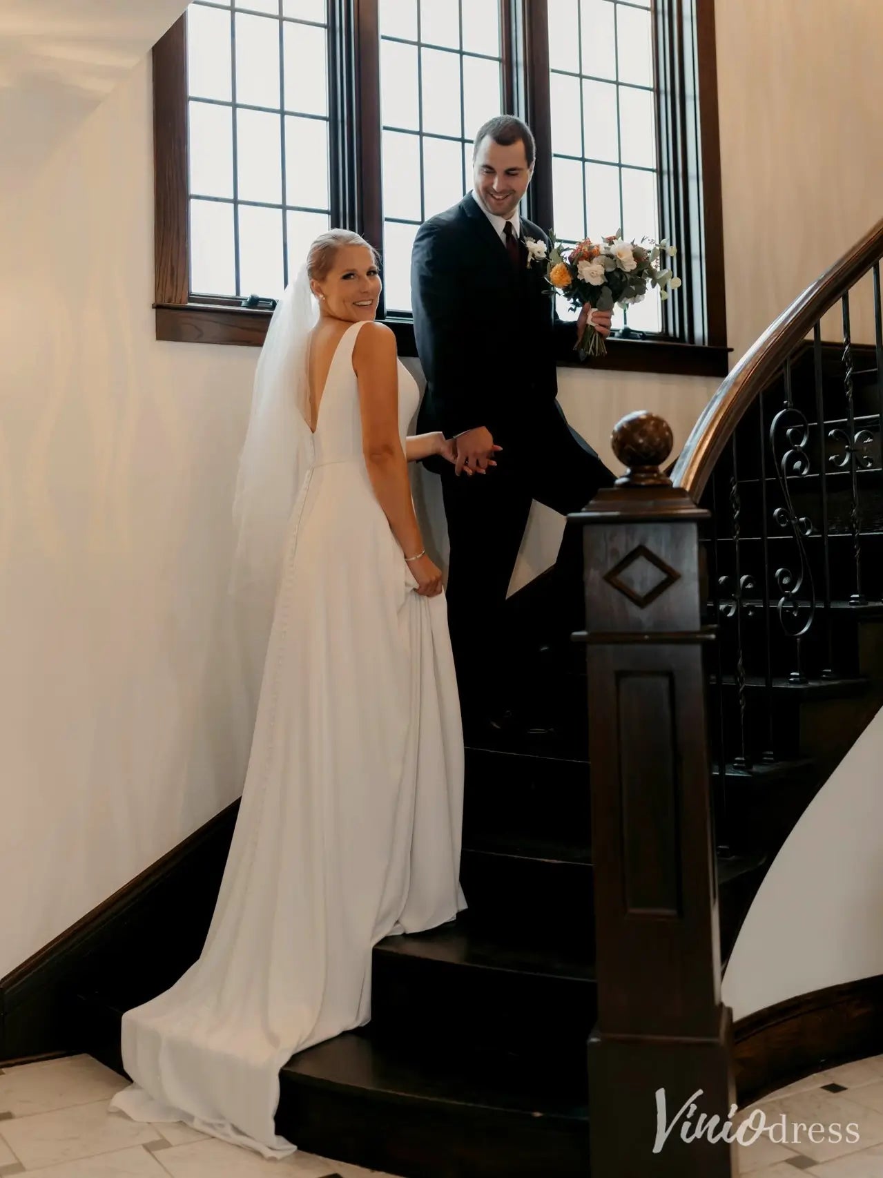 Minimalist A-Line Crepe Wedding Dress | Plunging V-Neck Backless Gown with Chapel Train– VW2599-wedding dresses 2025 -Viniodress-Ivory-Custom Size-