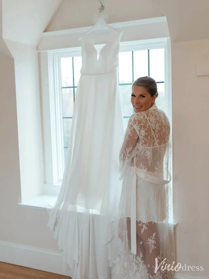 Minimalist A-Line Crepe Wedding Dress | Plunging V-Neck Backless Gown with Chapel Train– VW2599-wedding dresses 2025 -Viniodress-Ivory-Custom Size-