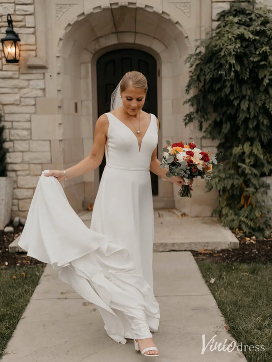 Minimalist A-Line Crepe Wedding Dress | Plunging V-Neck Backless Gown with Chapel Train– VW2599-wedding dresses 2025 -Viniodress-Ivory-Custom Size-