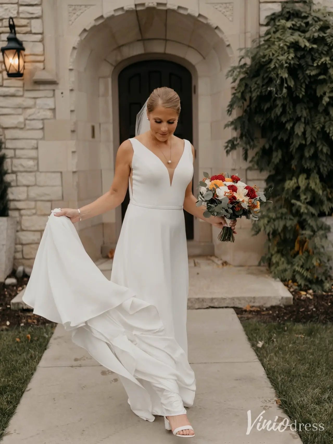 Minimalist A-Line Crepe Wedding Dress | Plunging V-Neck Backless Gown with Chapel Train– VW2599-wedding dresses 2025 -Viniodress-Ivory-Custom Size-