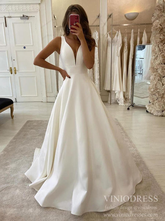 Minimalist A-line Deep V-Neck Wedding Dresses Satin Bridal Dress VW1551-wedding dresses 2025 -Viniodress-Ivory-Custom Size-