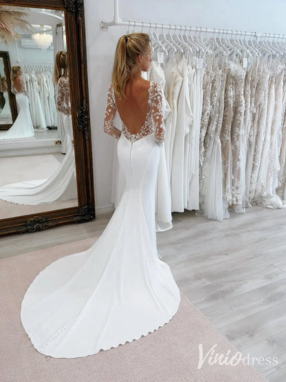 Minimalist Crepe Mermaid Wedding Dress with Illusion Long Sleeves and Backless Design – VW2615-wedding dresses 2025 -Viniodress-Ivory-Custom Size-