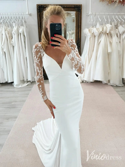 Minimalist Crepe Mermaid Wedding Dress with Illusion Long Sleeves and Backless Design – VW2615-wedding dresses 2025 -Viniodress-Ivory-Custom Size-