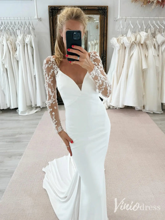 Minimalist Crepe Mermaid Wedding Dress with Illusion Long Sleeves and Backless Design – VW2615-wedding dresses 2025 -Viniodress-Ivory-Custom Size-