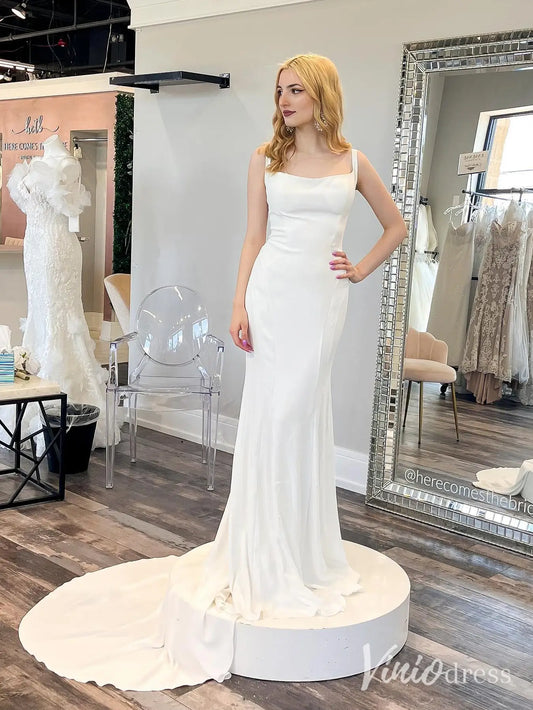 Minimalist Crepe Mermaid Wedding Dress with Square Neckline, Illusion Lace Back, and Sweep Train – MN110-wedding dresses 2025 -Viniodress-Ivory-Custom Size-