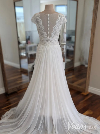 Minimalist Lace Wedding Dress with Cap Sleeve, V-Neck, Tulle Train – LA115-wedding dresses 2025 -Viniodress-Ivory-Custom Size-