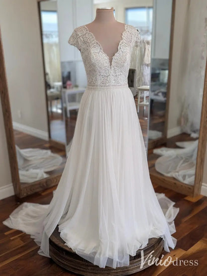 Minimalist Lace Wedding Dress with Cap Sleeve, V-Neck, Tulle Train – LA115-wedding dresses 2025 -Viniodress-Ivory-Custom Size-