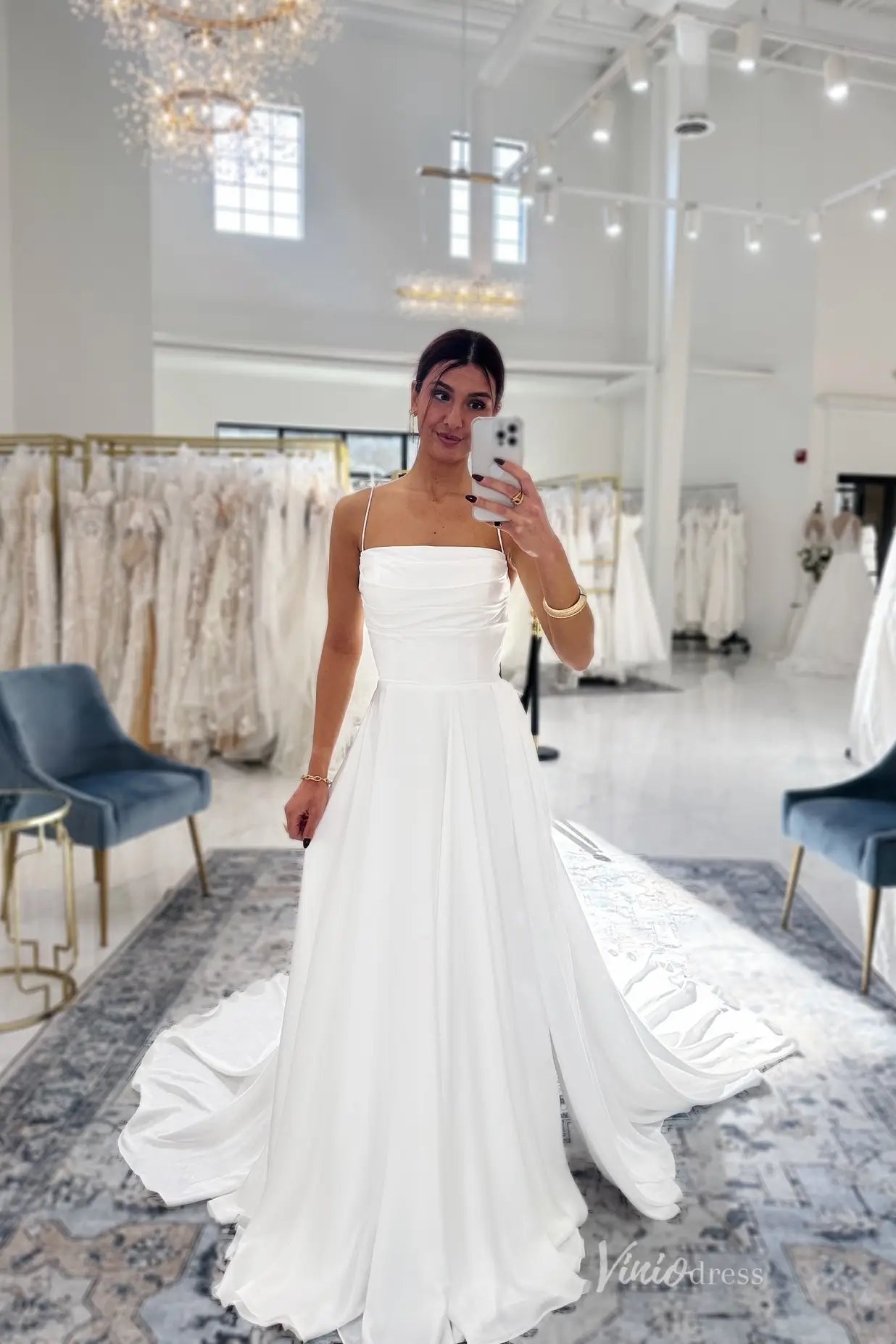 Minimalist Satin A-Line Wedding Dress with Square Ruched Bodice, Spaghetti Straps & Chapel Train – MS139