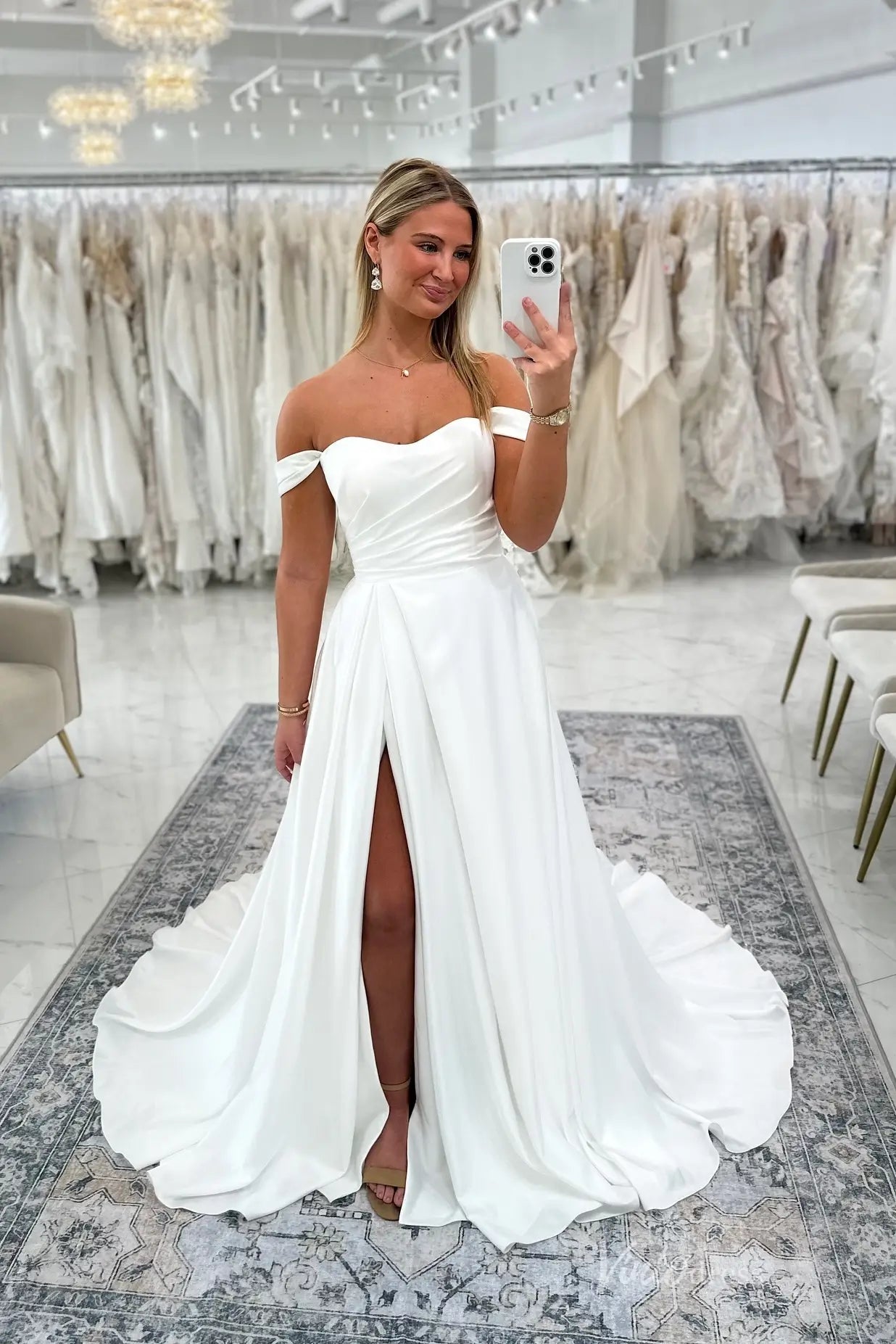 Minimalist Satin Off-Shoulder A-Line Wedding Dress with High Slit & Chapel Train – MS141