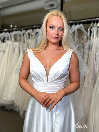 Minimalist Satin Wedding Dress with Deep V Neck, Wide Waistband and Thigh Slit – VW2600-wedding dresses 2025 -Viniodress-White-Custom Size-