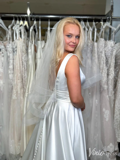 Minimalist Satin Wedding Dress with Deep V Neck, Wide Waistband and Thigh Slit – VW2600-wedding dresses 2025 -Viniodress-White-Custom Size-