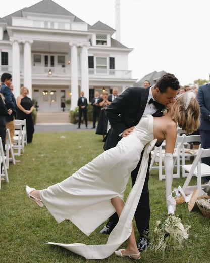 Minimalist Strapless Sheath Wedding Dress with Bow Back Tail, Back Slit & Long Sleeve Gloves MN135-wedding dresses 2025 -Viniodress-Ivory-Custom Size-