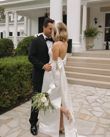Minimalist Strapless Sheath Wedding Dress with Bow Back Tail, Back Slit & Long Sleeve Gloves MN135-wedding dresses 2025 -Viniodress-Ivory-Custom Size-
