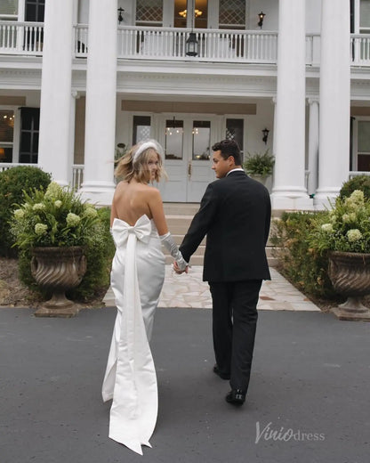 Minimalist Strapless Sheath Wedding Dress with Bow Back Tail, Back Slit & Long Sleeve Gloves MN135-wedding dresses 2025 -Viniodress-Ivory-Custom Size-