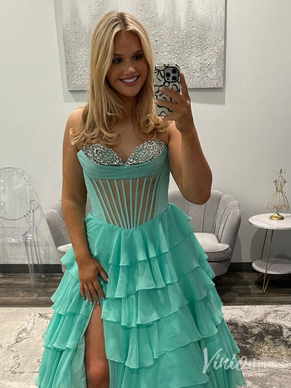 Mint Green Beaded Corset Prom Dress with Tiered Chiffon Skirt and Slit – Style FD6139-prom dresses 2025 -Viniodress-Green-Custom Size-