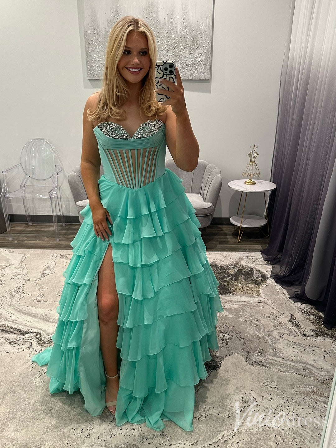 Mint Green Beaded Corset Prom Dress with Tiered Chiffon Skirt and Slit – Style FD6139-prom dresses 2025 -Viniodress-Green-Custom Size-