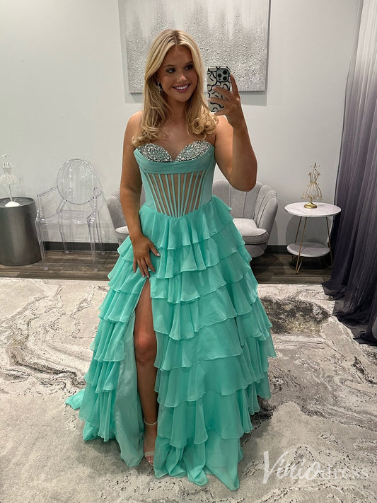 Mint Green Beaded Corset Prom Dress with Tiered Chiffon Skirt and Slit – Style FD6139-prom dresses 2025 -Viniodress-Green-Custom Size-