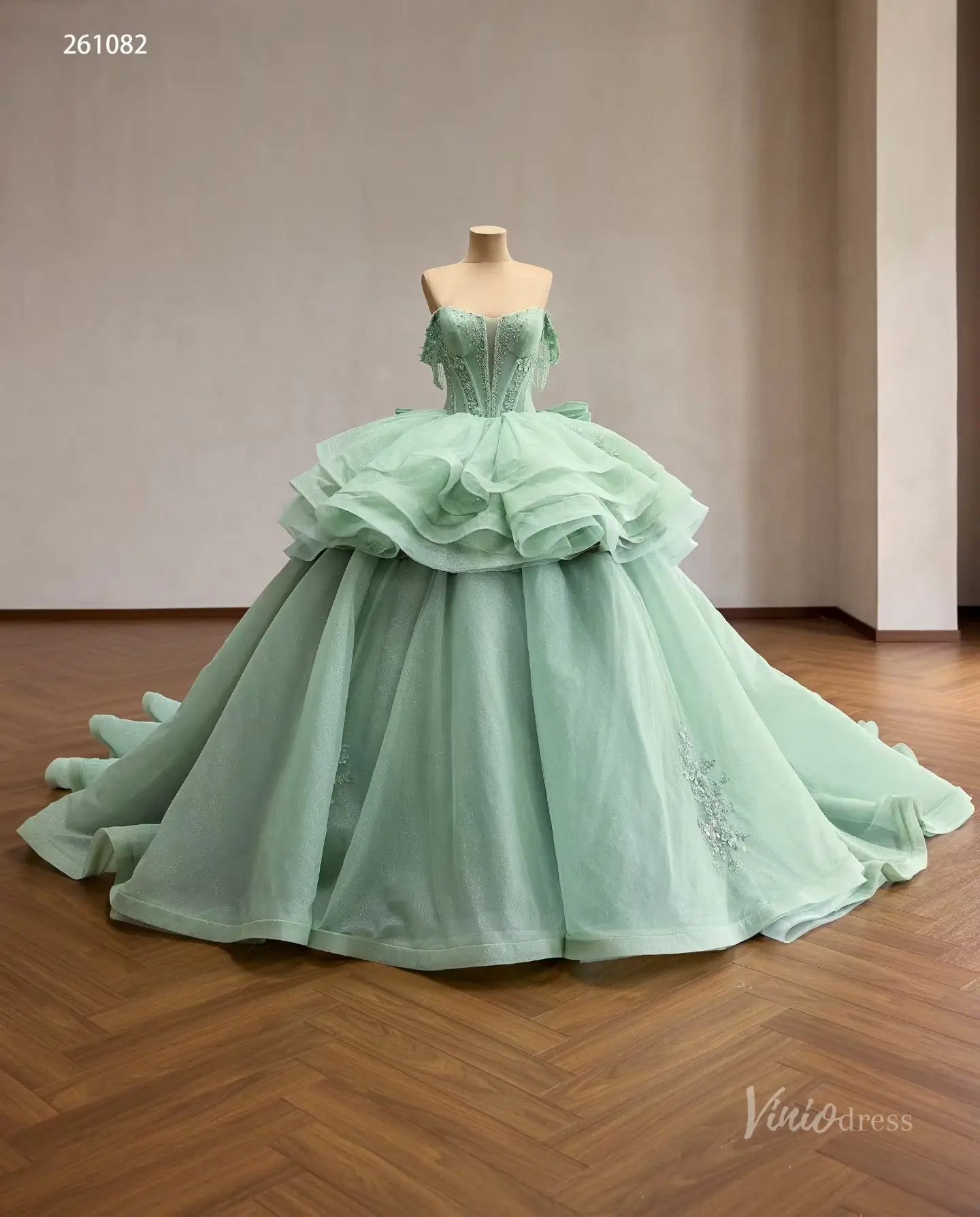 Mint Green Convertible Quinceañera Dress with Detachable Overskirt, Beaded Off-Shoulder Sleeves & Oversized Bow – 261082-Quinceanera Dresses 2026-Viniodress-Sage Green-Custom Size – Add Measurements in Cart-