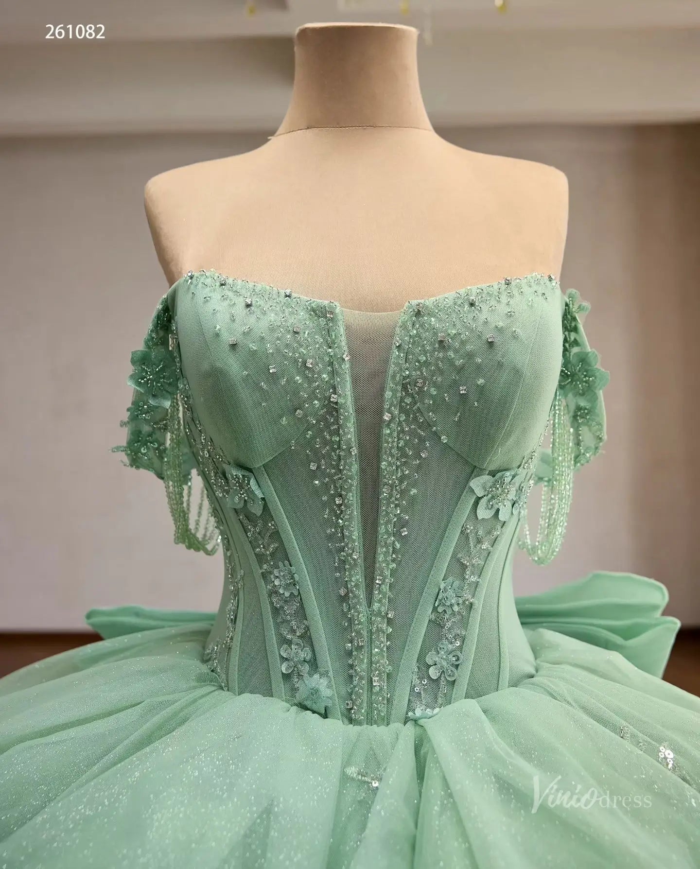 Mint Green Convertible Quinceañera Dress with Detachable Overskirt, Beaded Off-Shoulder Sleeves & Oversized Bow – 261082-Quinceanera Dresses 2026-Viniodress-Sage Green-Custom Size – Add Measurements in Cart-