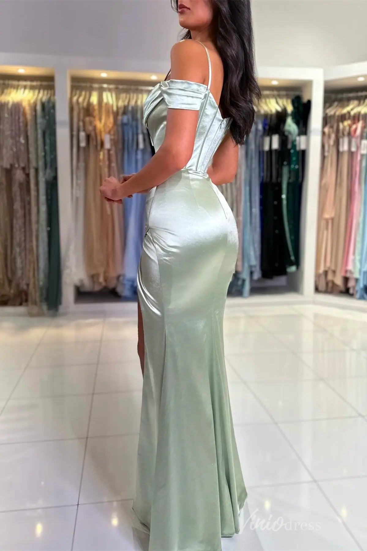 Mint Green Off-Shoulder Mermaid Evening Gown with Spaghetti Strap, Draped Corset Bodice, High Slit – SS002-prom dresses 2025 -Viniodress-Mint Green-Custom Size-