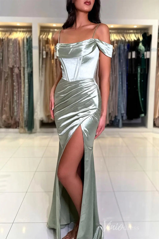 Mint Green Off-Shoulder Mermaid Evening Gown with Spaghetti Strap, Draped Corset Bodice, High Slit – SS002-prom dresses 2025 -Viniodress-Mint Green-Custom Size-