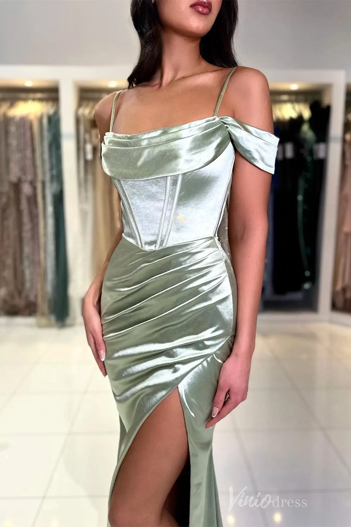 Mint Green Off-Shoulder Mermaid Evening Gown with Spaghetti Strap, Draped Corset Bodice, High Slit – SS002-prom dresses 2025 -Viniodress-Mint Green-Custom Size-