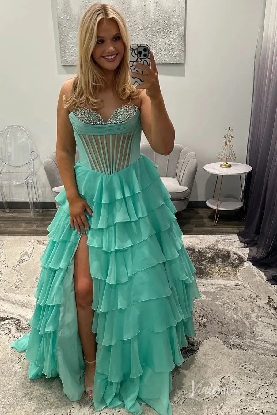 Mint Green Ruffled Prom Dress with Crystal Sweetheart Corset Bodice & Slit-Prom Dresses 2026-Viniodress-Mint-Custom Size-
