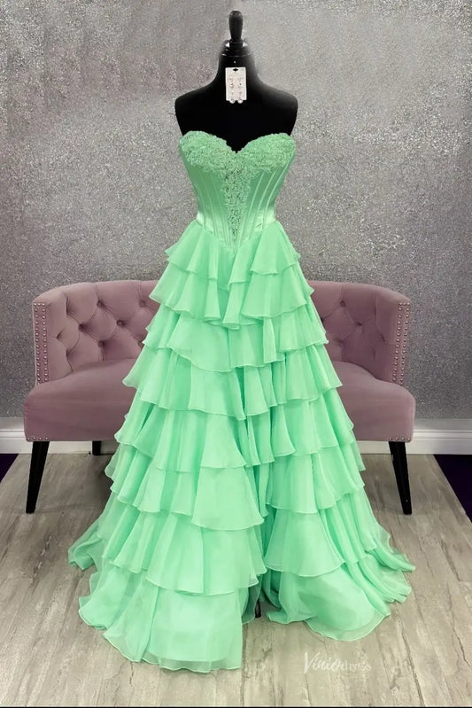 Mint Green Strapless Corset Prom Dress with Floral Lace Bodice & Tiered Ruffled Skirt RF312-prom dresses 2026-Viniodress-Mint-Custom Size-
