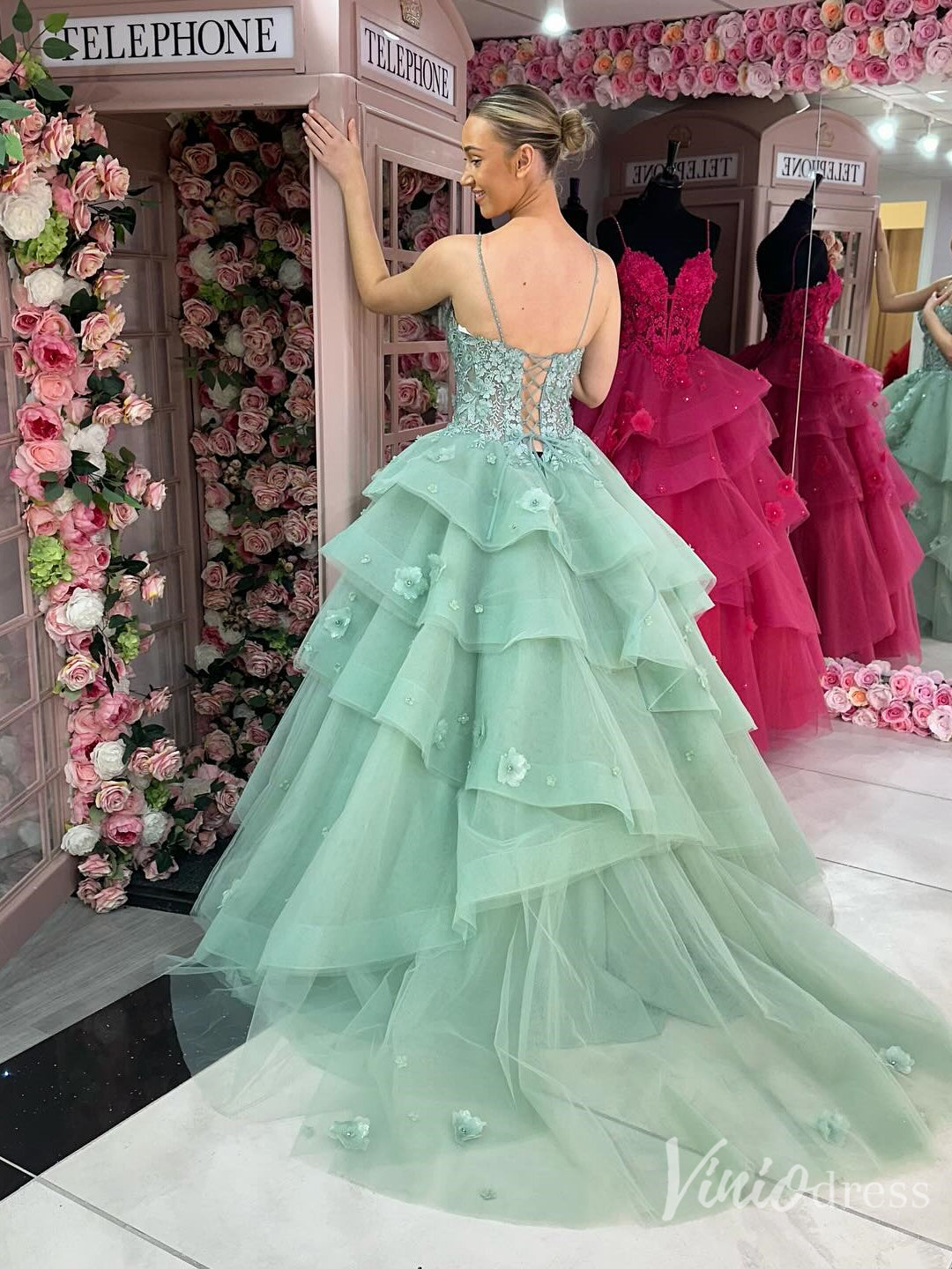 Mint Green Tiered Tulle Ball Gown with 3D Floral Bodice – FD6114-prom dresses 2025 -Viniodress-Green-Custom Size-