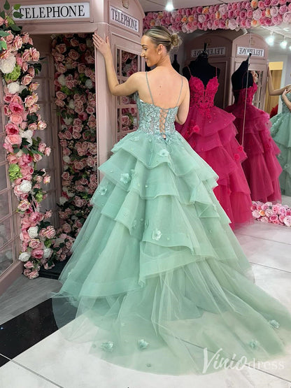 Mint Green Tiered Tulle Ball Gown with 3D Floral Bodice – FD6114-prom dresses 2025 -Viniodress-Green-Custom Size-