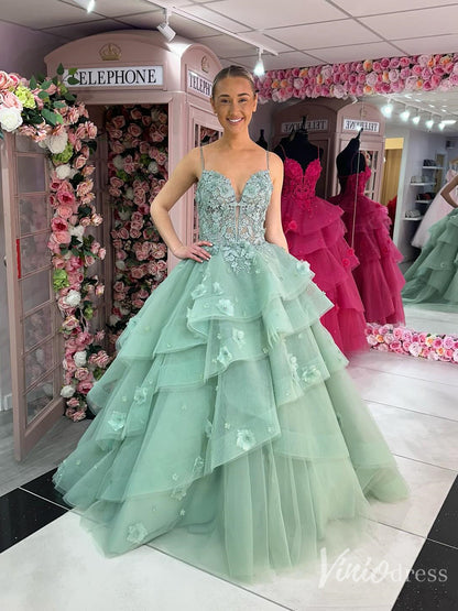 Mint Green Tiered Tulle Ball Gown with 3D Floral Bodice – FD6114-prom dresses 2025 -Viniodress-Green-Custom Size-